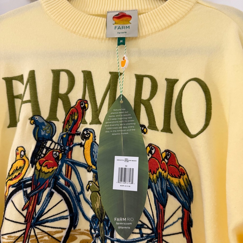 Farm Rio Yellow Birds Bicycle Embroidered Sweater Puff Sleeve Medium NEW - Picture 3 of 8